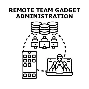 Remote team managing digital devices and data administration Stock Illustration