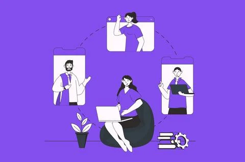 Remote team web concept with character scene in flat design. People discussin Ilustración de archivo