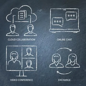 Remote teamwork chalkboard icon set Stock Illustration