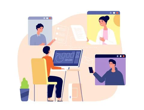 Remote teamwork. Digital technology, business meeting and online sharing Stock Illustration