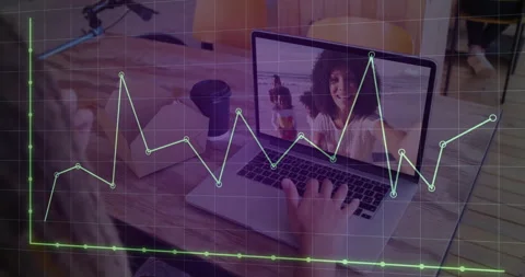 Remote tech worker picking cookie after analytic chart overlay rising and waving Stock Footage 312757399
