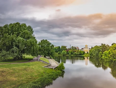 Remote View of Church of St. Michael and Fedor in Chernigiv Stock Footage 63406358