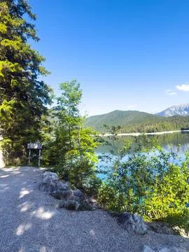 Remote Wilderness Lake Surrounded by Forest 库存照片