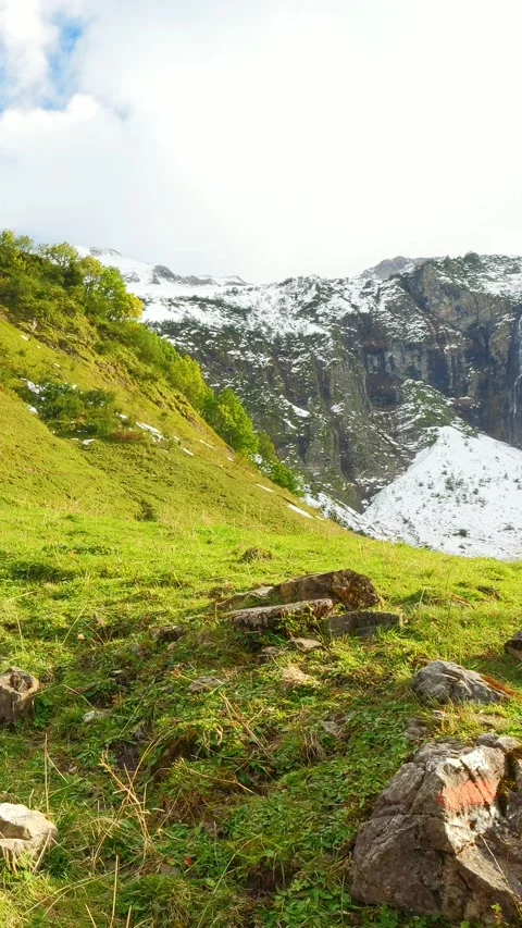 Remote Winter Landscape with Steep Alpine Wall and Deep Blue Sky near Hfats M Video stock 308296573