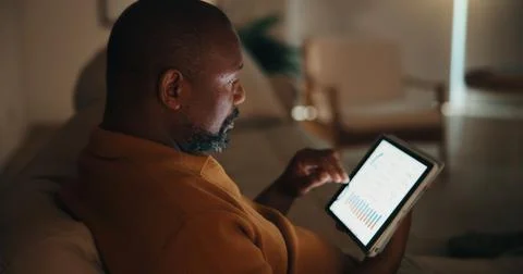 Remote work, analysis or black man in house with tablet screen, forecast or.. Stock Photos