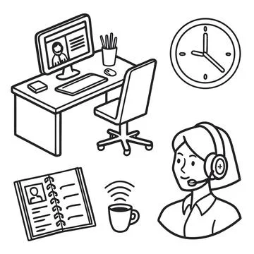 Remote work and customer support icons: desk, computer, agent, headset Stock Illustration