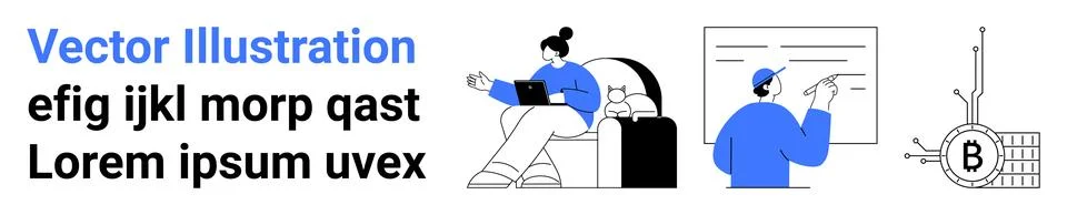 Remote Work and Data Analysis Concept with People, Laptop, Cat, Graphs, Blo.. Stock Illustration