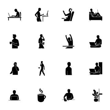 Remote work and digital lifestyle silhouette set featuring people using com.. Stock Illustration