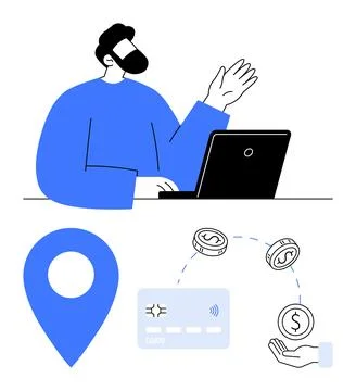 Remote Work and Digital Payment Concepts with Map Pin, Credit Card and Curr.. Stock Illustration
