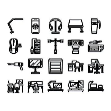 Remote work and home office desk equipment icons Stock Illustration