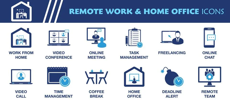 Remote Work and Home Office Icon Set. Collection of Video Conference, Onlin.. Stock Illustration