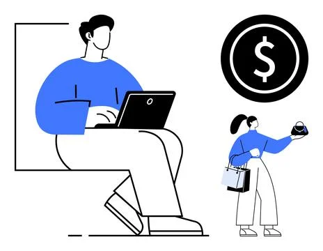 Remote Work and Online Shopping in Digital Economy Represented Through Abst.. Illustrazione stock