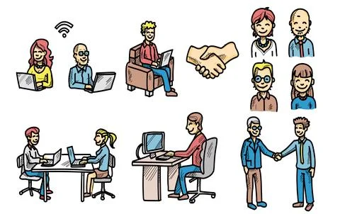 Remote work and teamwork doodle people set. vector illustration Illustrazione stock