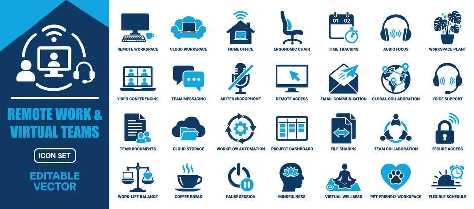 Remote work and virtual teams solid icon set. Featuring video conference, h.. Stock Illustration