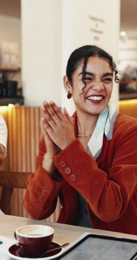 Remote work, applause or people in cafe with handstack, teamwork or motivation Stock Footage 346755531
