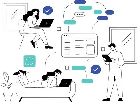 Remote work business people working on laptops and tablets with communication Illustrazione stock