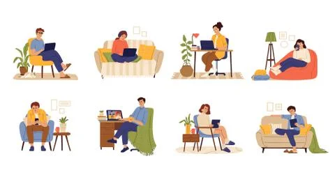 Remote work characters. Home office, business people job with computer. Flat Stock Illustration