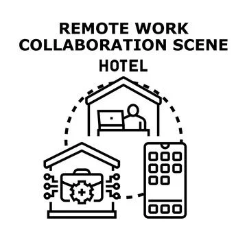 Remote work collaboration scene hotel stay concept Illustrazione stock