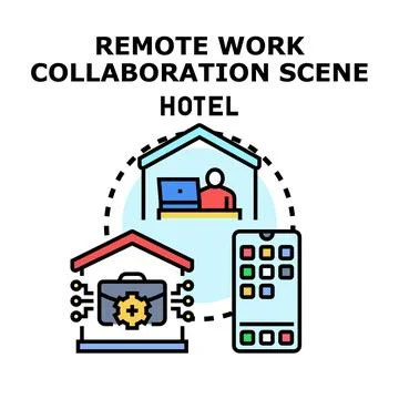 Remote work collaboration scene hotel stay concept 스톡 일러스트