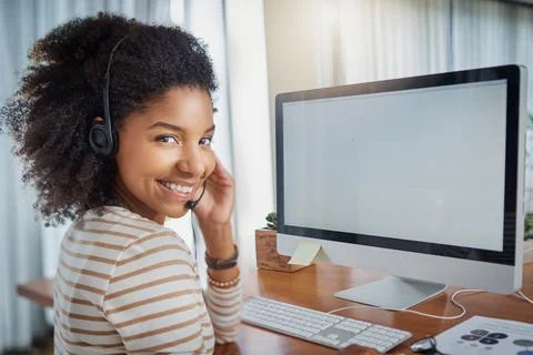 Remote work, computer mockup or black woman in a call center, customer services Stock Photos