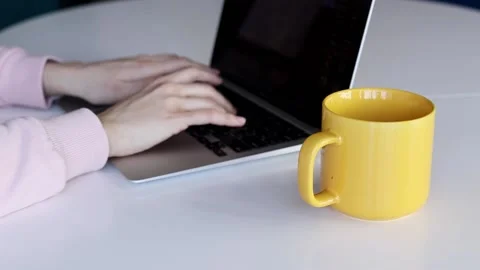 Remote work concept, female hands on laptop Stock Footage 152145381