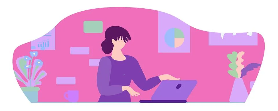 Remote work concept, girl at the computer, books, schedule, workplace, vector Stock Illustration