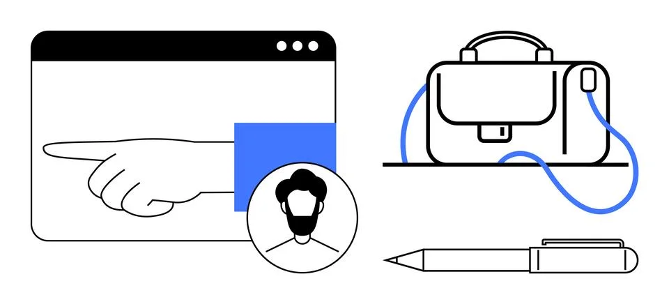 Remote Work Concept with Hand Pointing, Briefcase, Pen, and User Profile Illustrazione stock