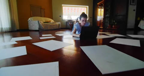 Remote work concept in home office, the creative artist works, a woman working Stock Footage 144787972