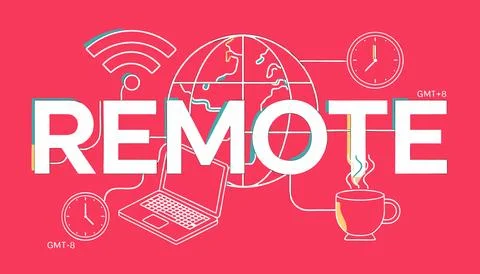 Remote work concept with laptop globe and coffee cup on pink Stock Illustration