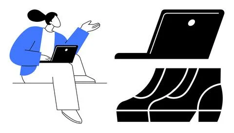 Remote Work Concept Laptop, Sitting Figure, and Black Solid Detail Icons 스톡 일러스트