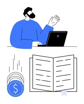 Remote work concept with man at laptop, open book, and falling coins emphas.. Stock Illustration