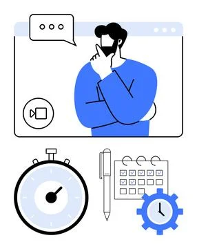 Remote Work Concept with Video Call, Planning, Timing, and Task Management .. Illustrazione stock