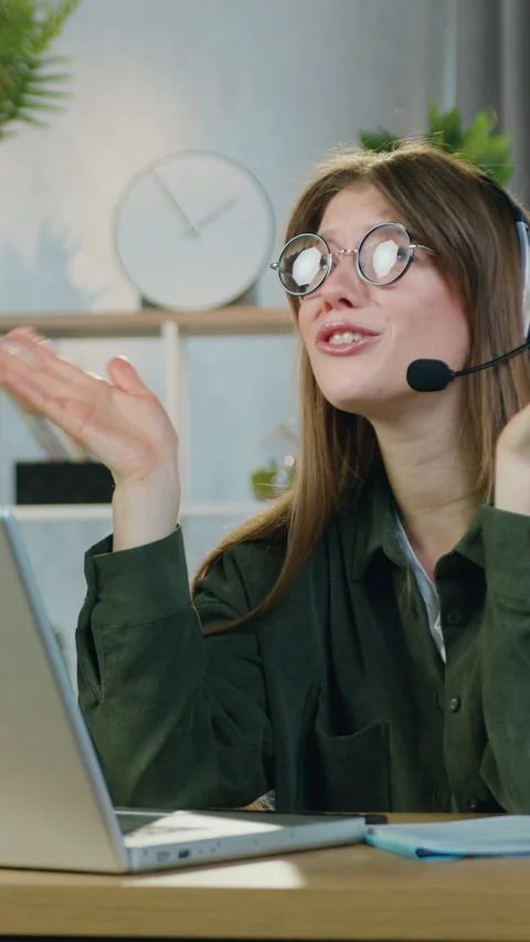 Remote work concept where attractive skilled emotional 25-aged girl-worker in wi Stock Footage 328939797