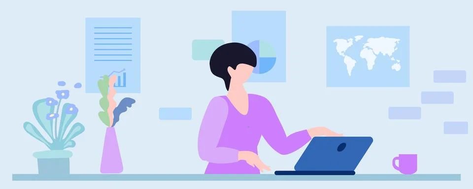 Remote work concept, woman at computer, books, schedule, board, workplace, .. Illustrazione stock