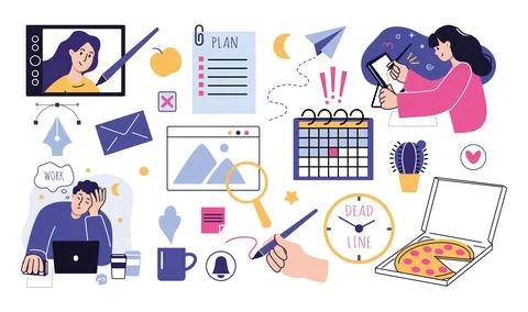 Remote work. Creative business. Designer character. Computer online freelance Illustrazione stock
