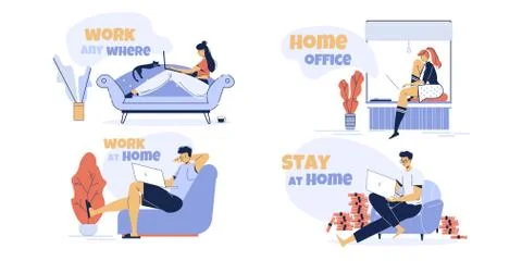 Remote work, distant study at home anytime set Stock Illustration