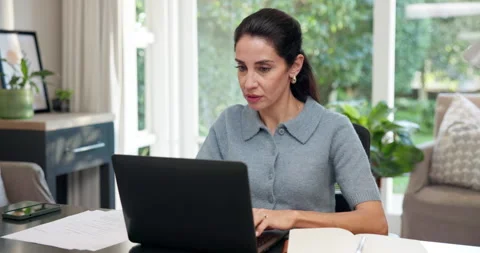 Remote work, document or woman in home office with laptop, forecast or growth Stock Footage 345721470