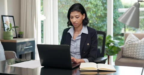 Remote work, document or woman in home office with laptop, forecast or growth Stock Footage 345724890