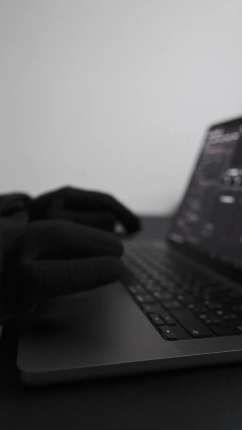 Remote work during crisis, close up of gloved hands typing on laptop in cold Stock Footage 329181982