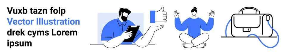 Remote Work Elements Man with Tablet, Thumbs Up, Woman Meditating, Bag Illustrazione stock