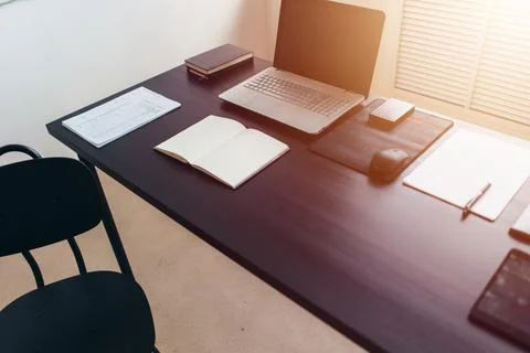 Remote work, empty workspace. Working from home 스톡 사진