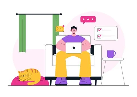 Remote Work Environments Illustration Featuring Home Office Setup, Virtual .. Stock Illustration
