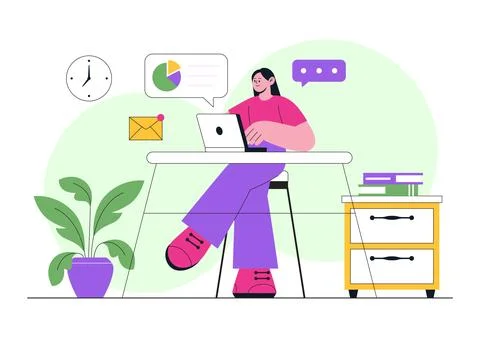 Remote Work Environments Illustration Featuring Home Office Setup, Virtual .. Stock Illustration