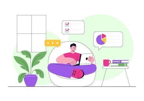 Remote Work Environments Illustration Featuring Home Office Setup, Virtual .. Stock Illustration
