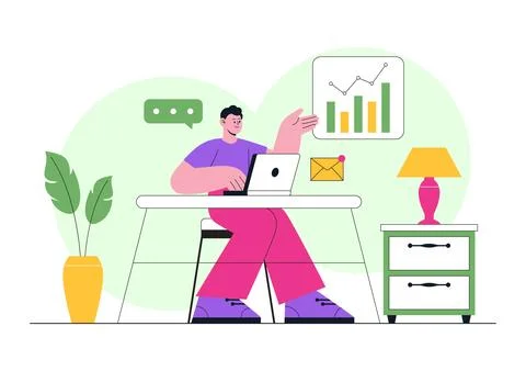 Remote Work Environments Illustration Featuring Home Office Setup, Virtual .. Stock Illustration