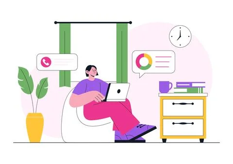 Remote Work Environments Illustration Featuring Home Office Setup, Virtual .. Stock Illustration