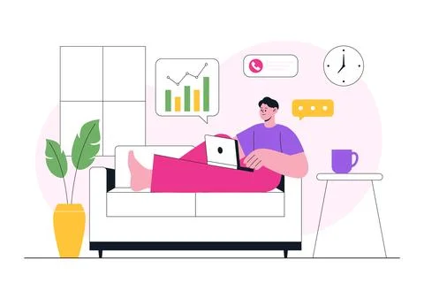 Remote Work Environments Illustration Featuring Home Office Setup, Virtual .. Stock Illustration