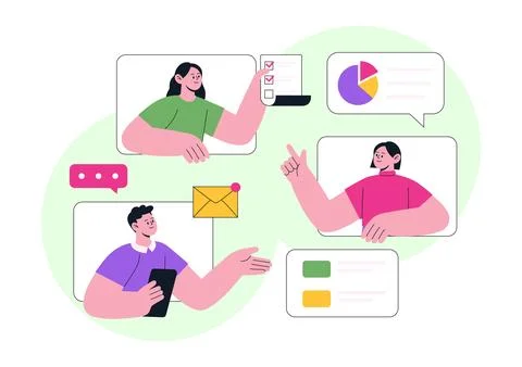 Remote Work Environments Illustration Featuring Home Office Setup, Virtual .. Stock Illustration