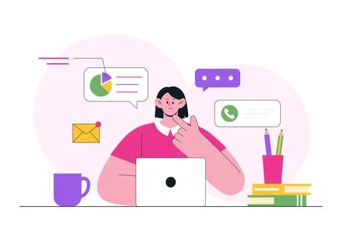 Remote Work Environments Illustration Featuring Home Office Setup, Virtual .. Stock Illustration