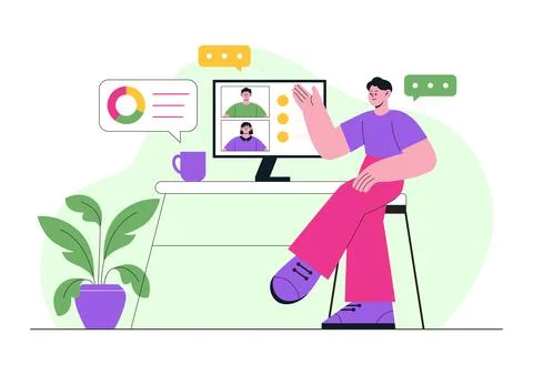 Remote Work Environments Illustration Featuring Home Office Setup, Virtual .. Stock Illustration